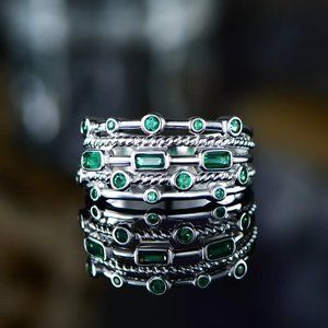 🎁925 Silver Plated Green Round Rectangle CZ Double Layer Dainty Ring, UNVN12165